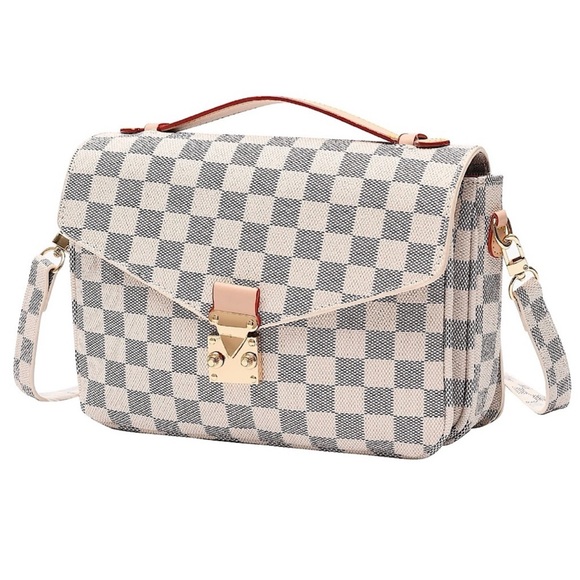 ‼️LAST ONE‼️🆕🌿CREAM/GRAY Leather Checkered Tote Crossbody Bag - Picture 5 of 17